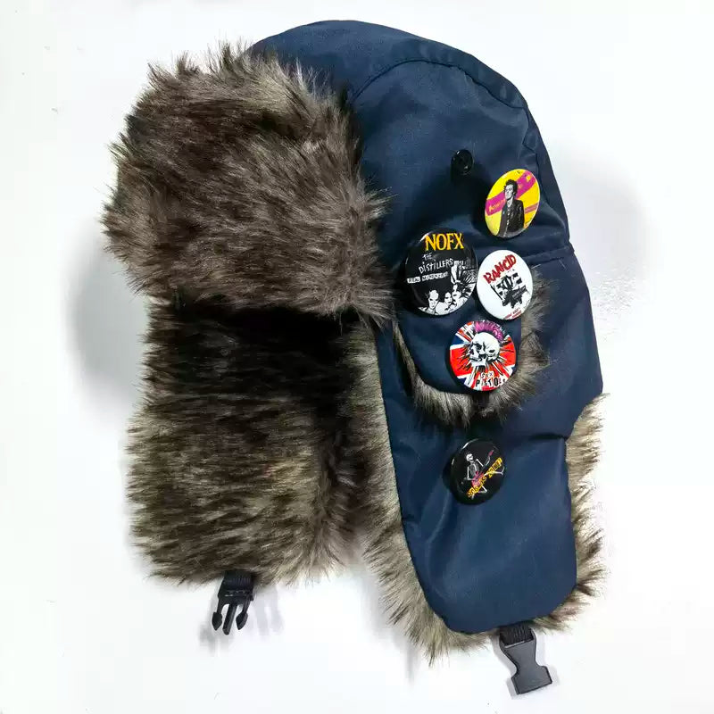 Punk Revival Faux Fur Trapper Hat - Y2K Badge Earflap Hat