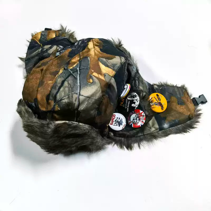 Punk Revival Faux Fur Trapper Hat - Y2K Badge Earflap Hat